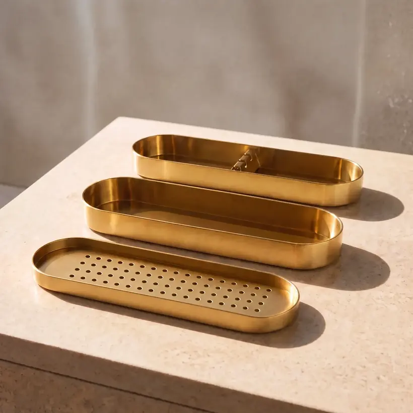 The Ember's three brushed brass trays fanned open in the sun