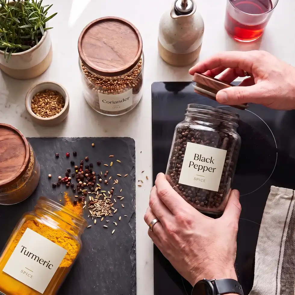 Six labelled glass spice jars with acacia wood lids on a kitchen counter
